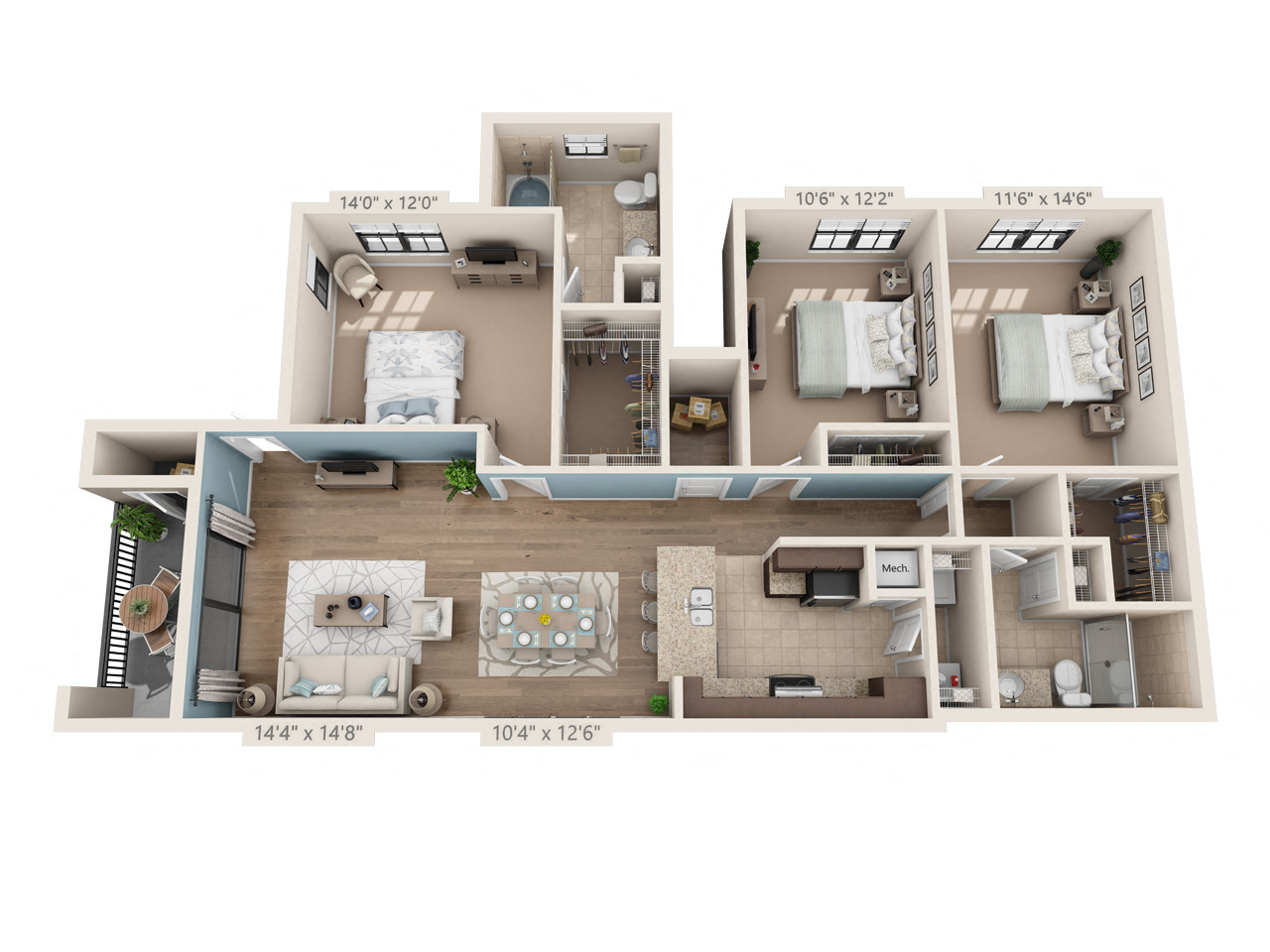 Floor plan for 3 beds, 2 baths, 1441 sqft